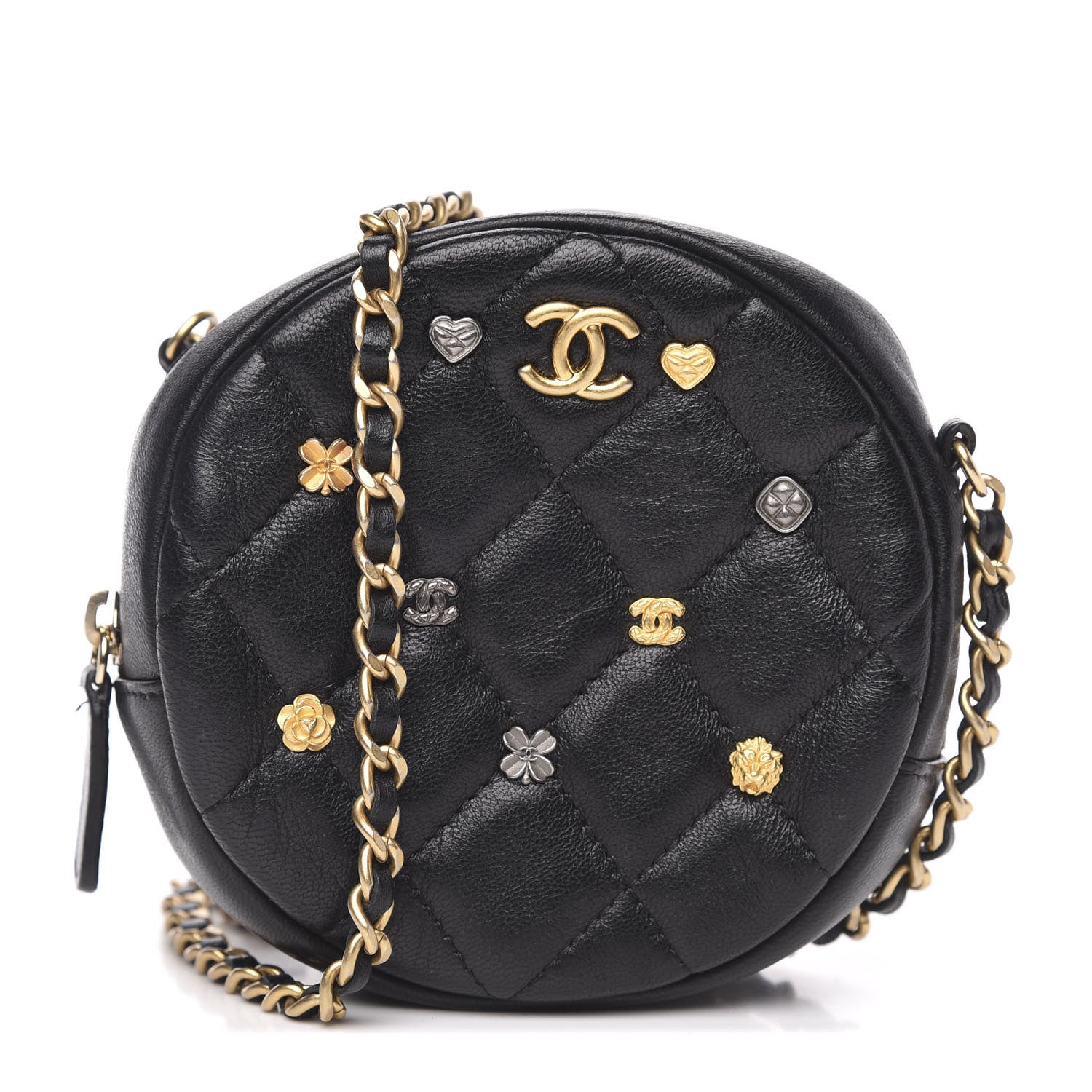 Chanel Lambskin Quilted Studded Round Clutch With Chain Black 1 of 12