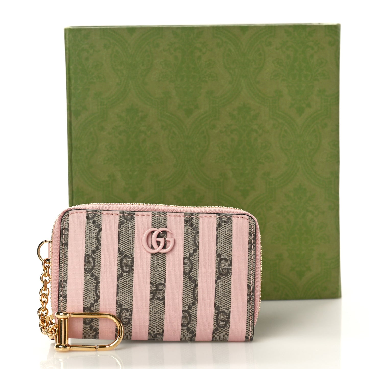 Supreme Monogram Vitello Eclipse Enamel Striped GG Key Card Case Beige Ebony Pink