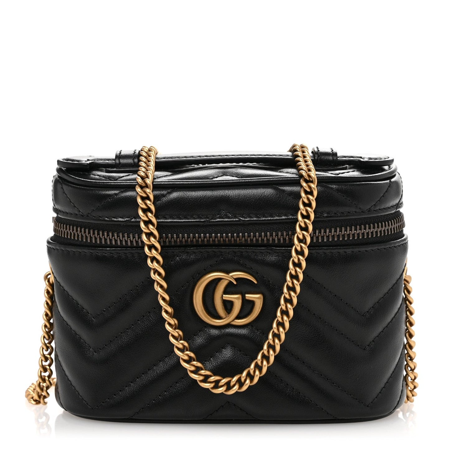 Calfskin Matelasse Chevron Mini GG Marmont Top Handle Bag Black