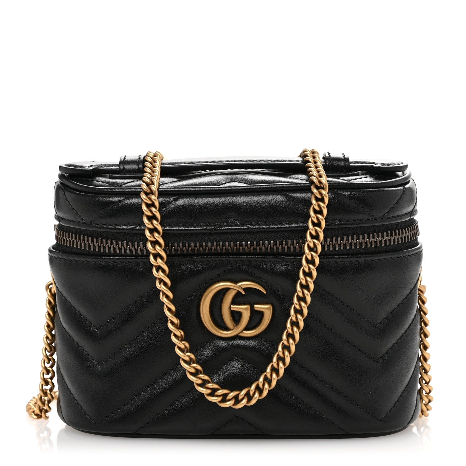 Gucci Calfskin Matelasse Chevron Mini GG Marmont Top Handle Bag Black 1 of 7