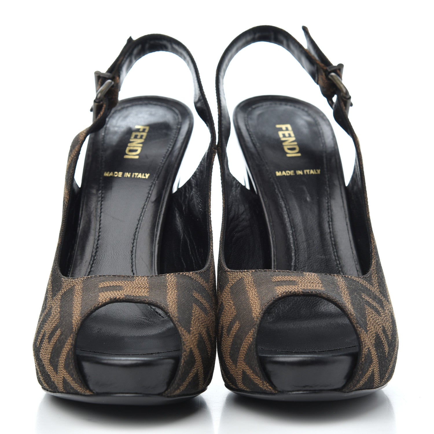 Fendi Jacquard Calfskin FF Open Toe Platform Slingback Pumps 38.5 Tobacco 2 of 12