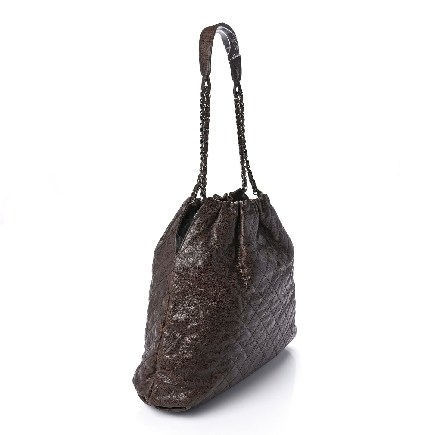 Distressed Glazed Caviar Quilted Large Elastic Tote Brown