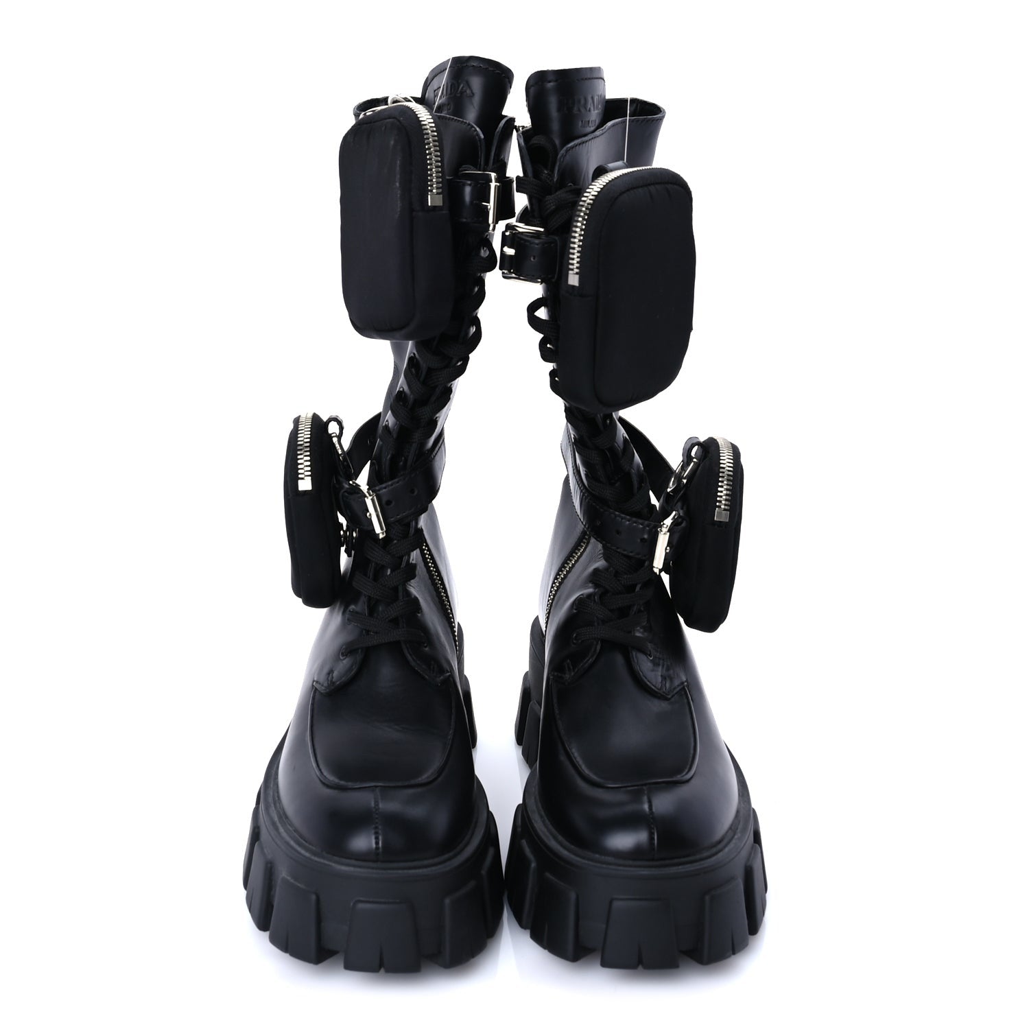 Prada Vitello Lux Nylon Metal Triangle Logo Monolith Pouch Pocket 55mm Tall Combat Boots 37 Black 2 of 7