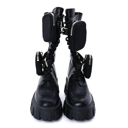 Prada Vitello Lux Nylon Metal Triangle Logo Monolith Pouch Pocket 55mm Tall Combat Boots 37 Black 2 of 7