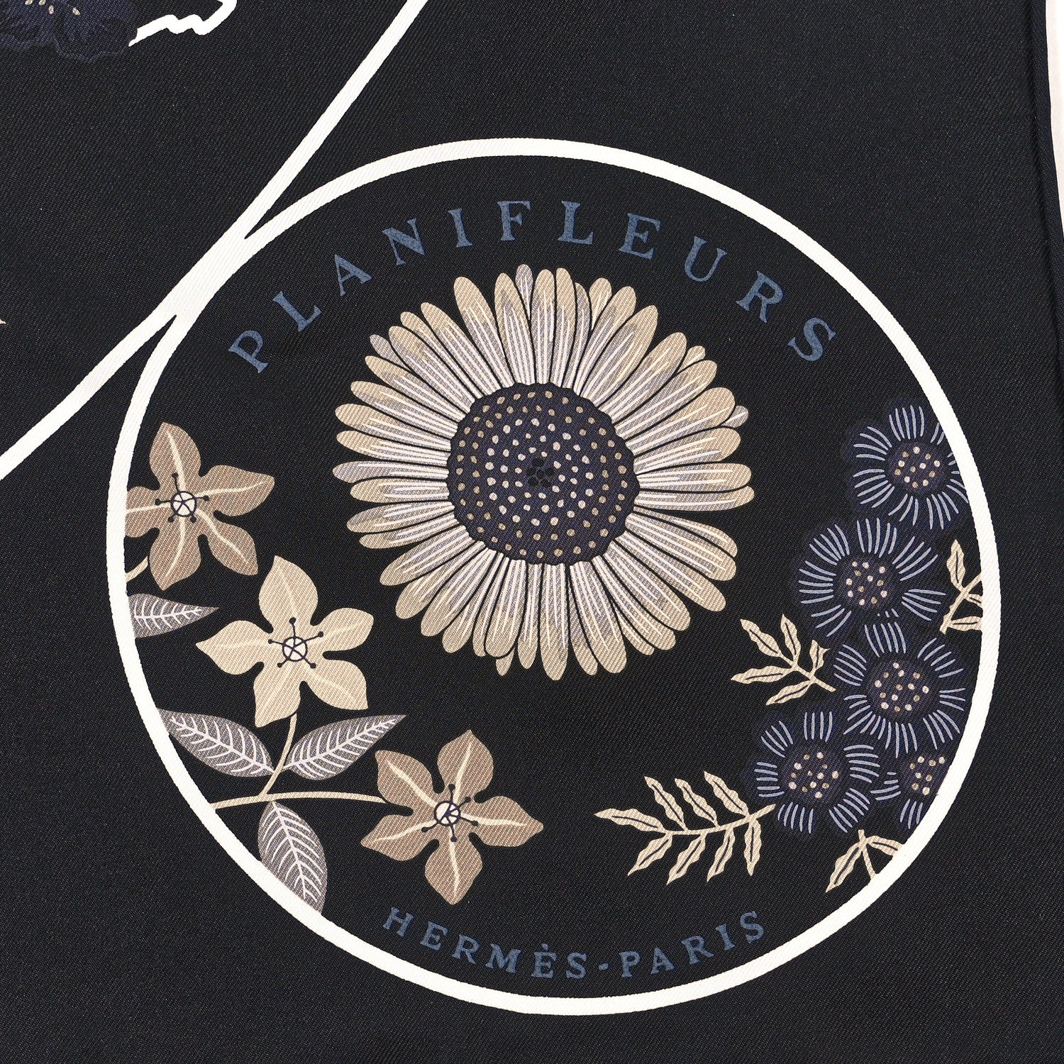 Hermes Silk Planifleurs Scarf 90 Black Gris Parchemin 2 of 3