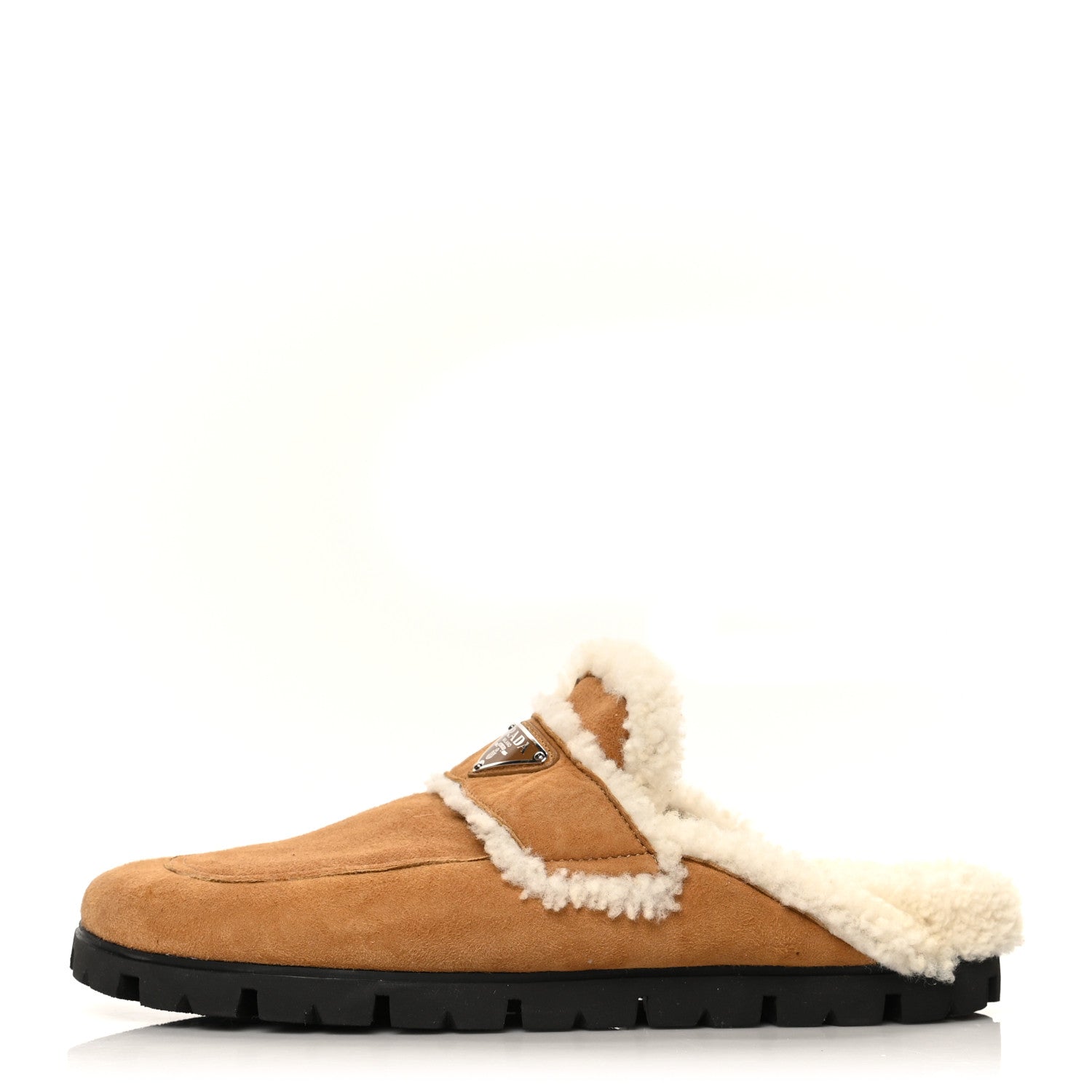 Prada Shearling Metal Triangle Logo 20mm Slippers 40.5 Cognac 1 of 8