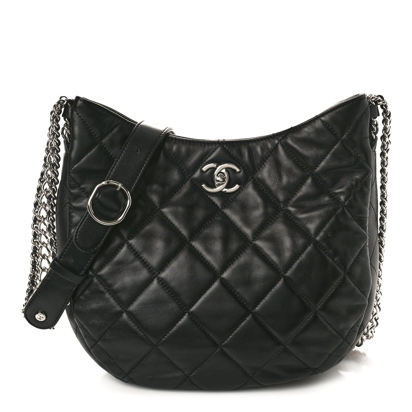 Lambskin Chain Rows Quilted Chain Hobo Black