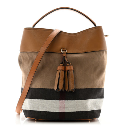 Burberry Grainy Calfskin Canvas Mega Check Medium Ashby Tassel Hobo Saddle Brown 1 of 12