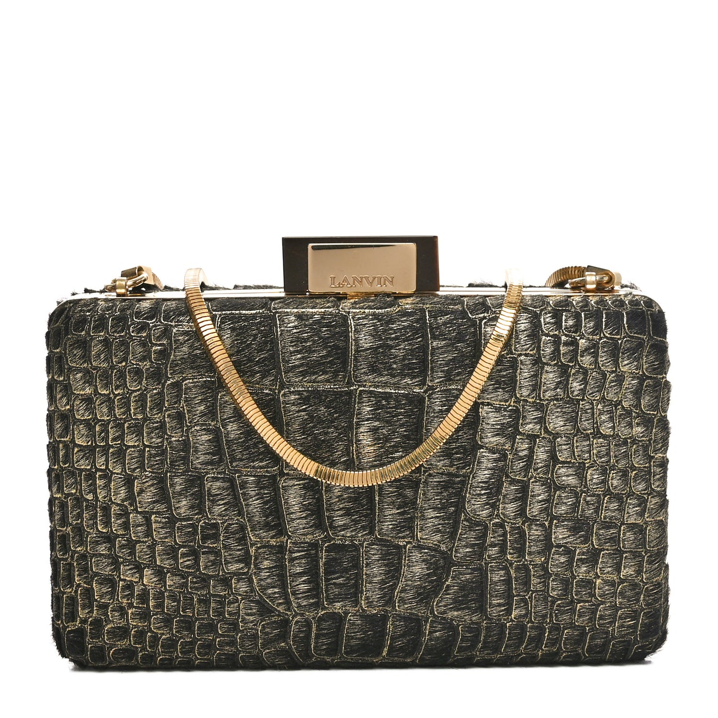 Ponyhair Crocodile Print Clutch Black Gold