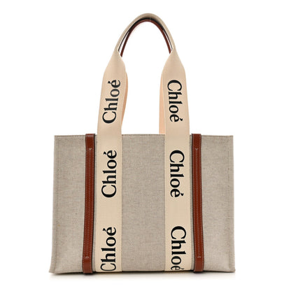 Chloe Cotton Calfskin Medium Woody Ribbon Tote White Brown 1 of 6