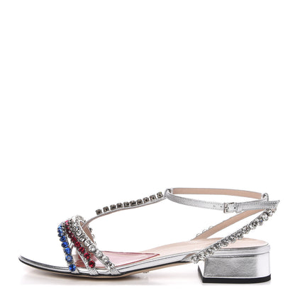Gucci Nappa Silk Crystal Bertie T-Strap Low Heel Sandals 35.5 Argento 1 of 8
