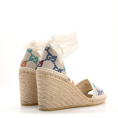 Gucci Linen Psychedelic Mini GG Monogram Ankle Wrap Platform Espadrille Wedge Sandals 39 Multicolor Mystic White 5 of 7