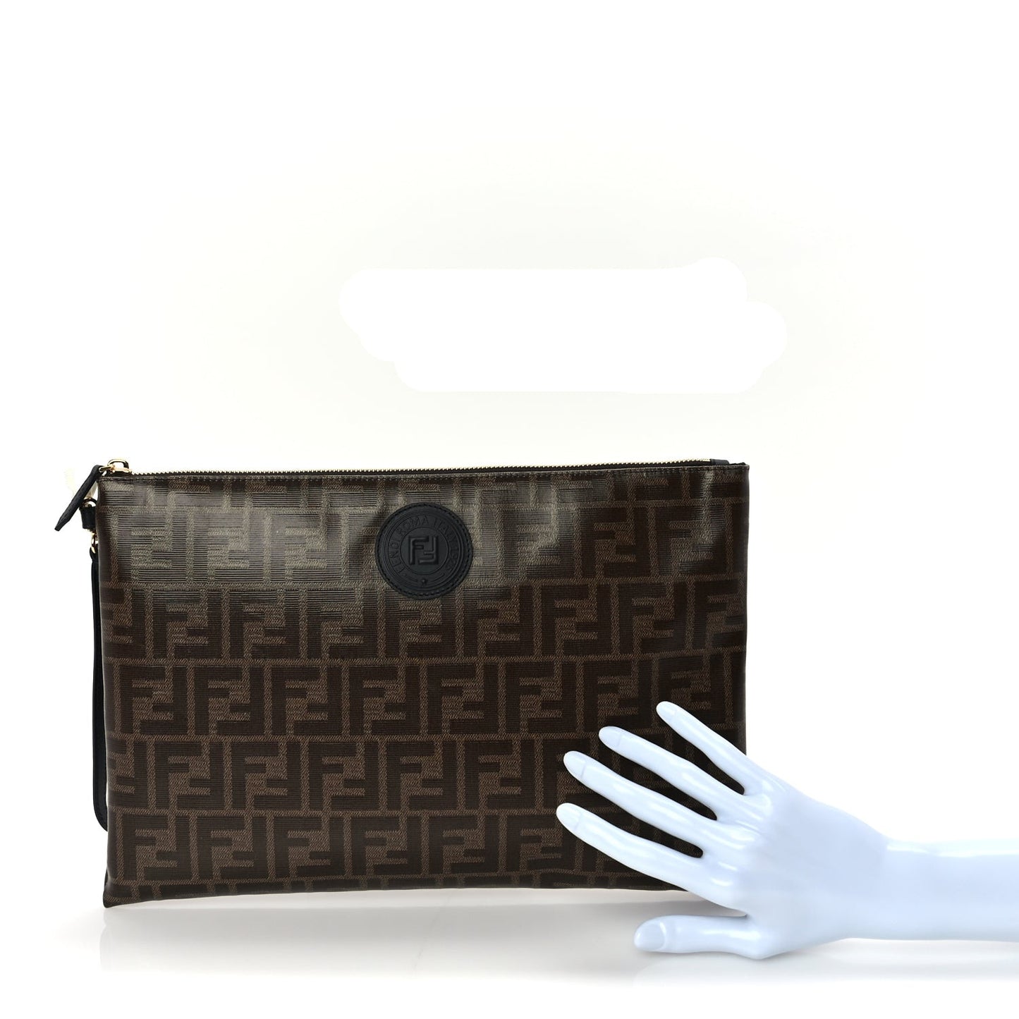 Glazed Fabric Vitello Century FF 1974 Stamp Patch Large Flat Pouch  Mogano Panna Black