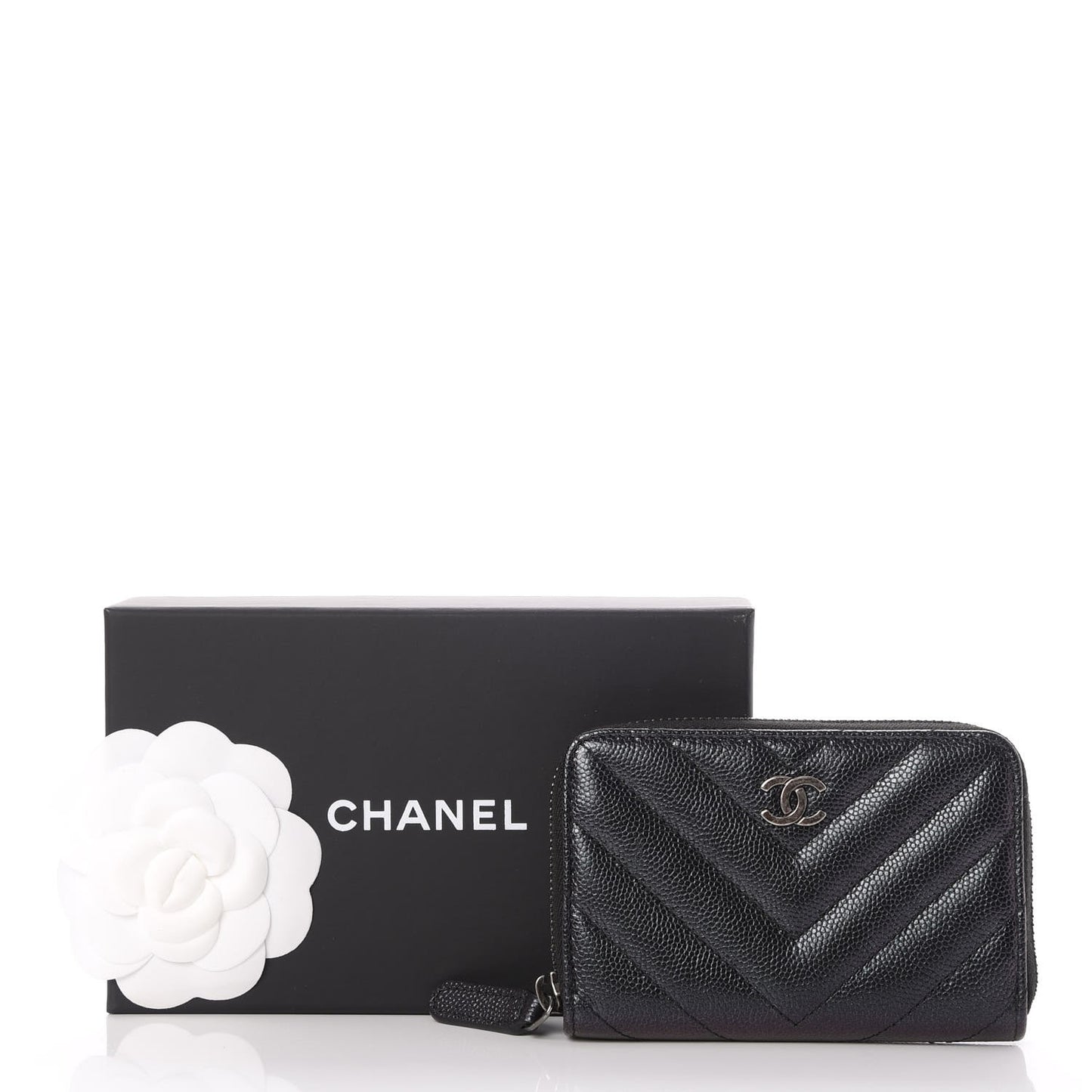 Iridescent Caviar Chevron Quilted Zip Around Coin Purse Black