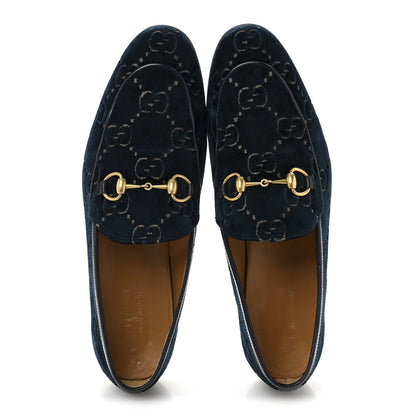 Gucci Velvet GG Monogram Horsebit Mens Jordaan Loafers 8.5 Blue Beige 2 of 7