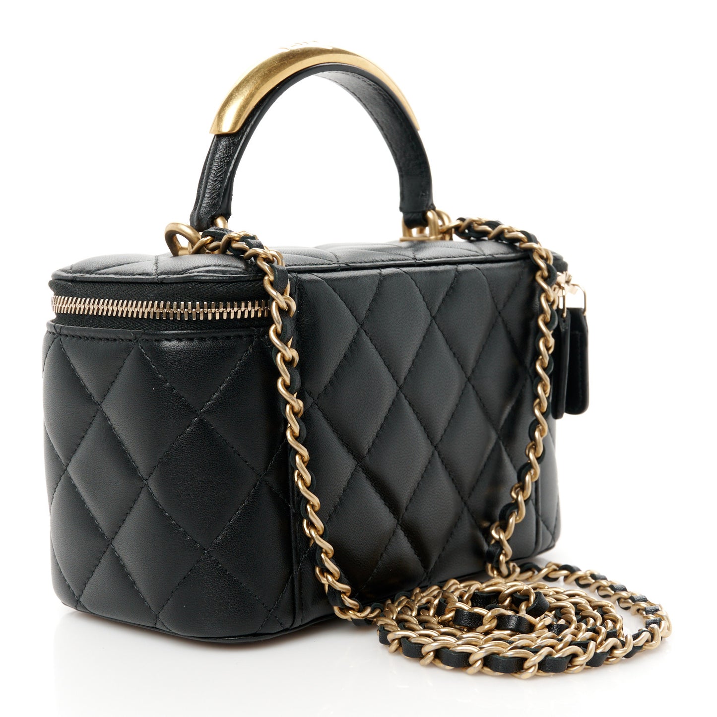 Lambskin Quilted Metal Small Top Handle Vanity Case With Chain Black
