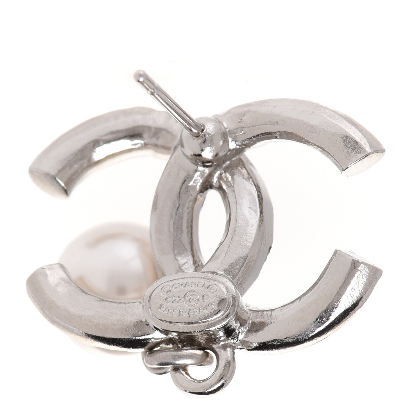 Crystal Baguette Pearl CC Drop Earrings Silver