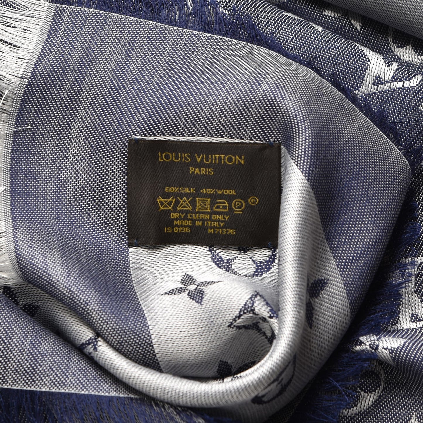 Silk Wool Monogram Denim Shawl Blue