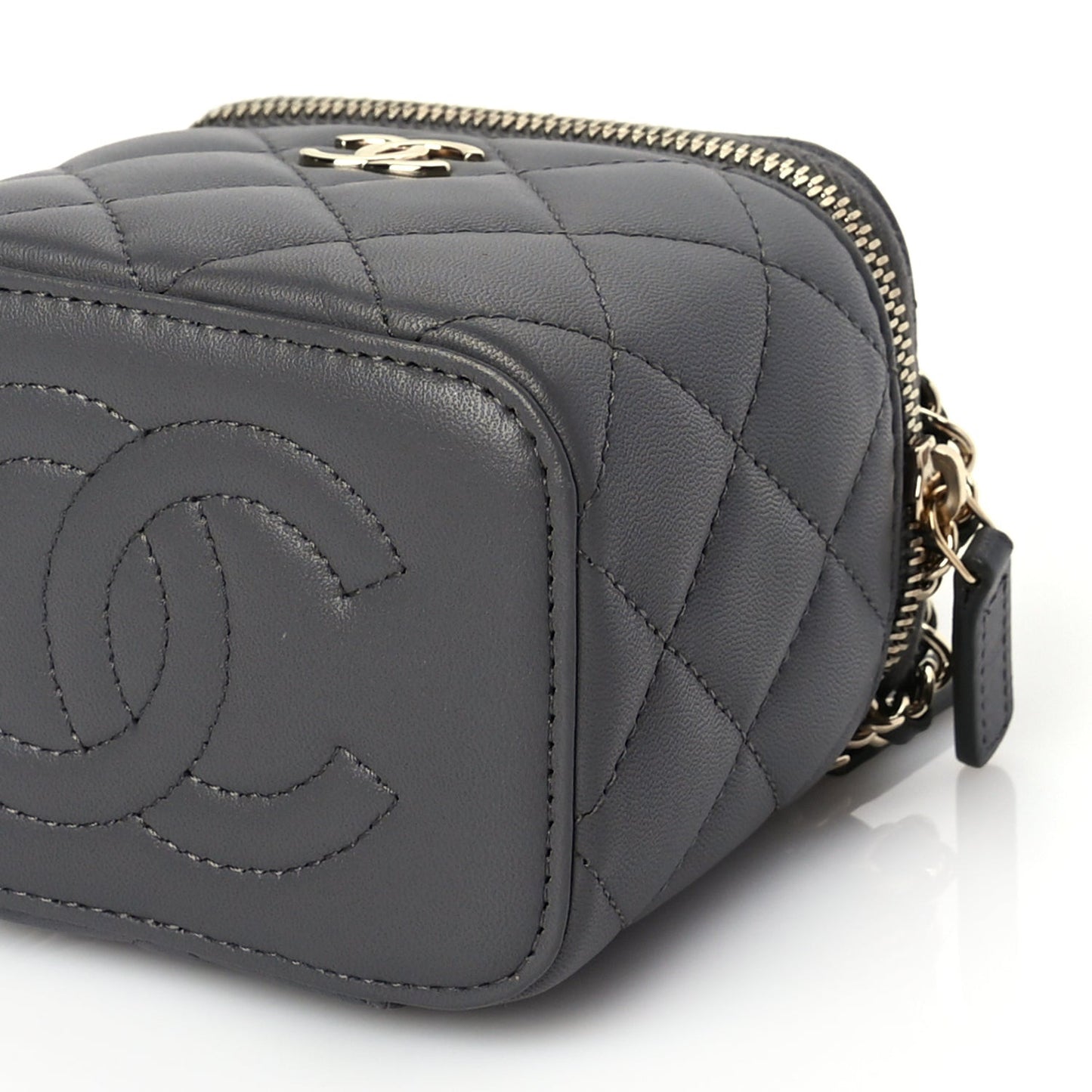 Lambskin Quilted Top Handle Mini Vanity Case With Chain Grey
