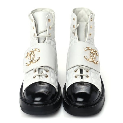 Chanel Shiny Goatskin Calfskin Quilted Lace Up Combat Boots  39 Ivory Black 3 of 7