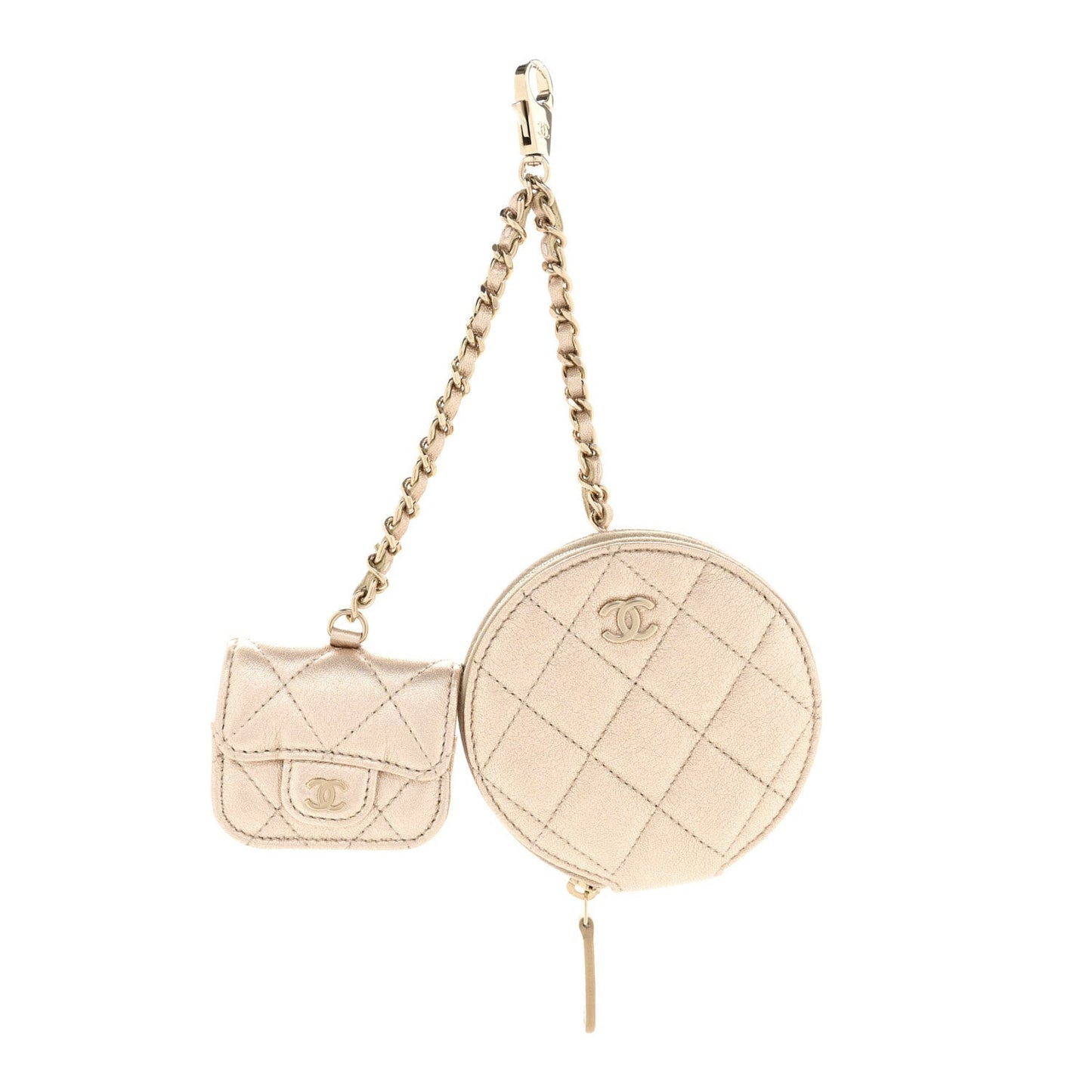 Metallic Lambskin Quilted Round Clip On Coin Purse Airpods Case Gold
