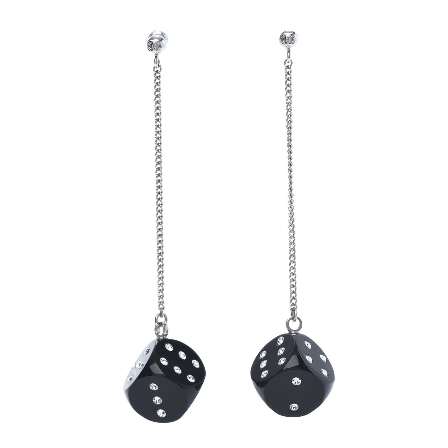 Crystal Resin CC Dice Drop Earrings Silver Black