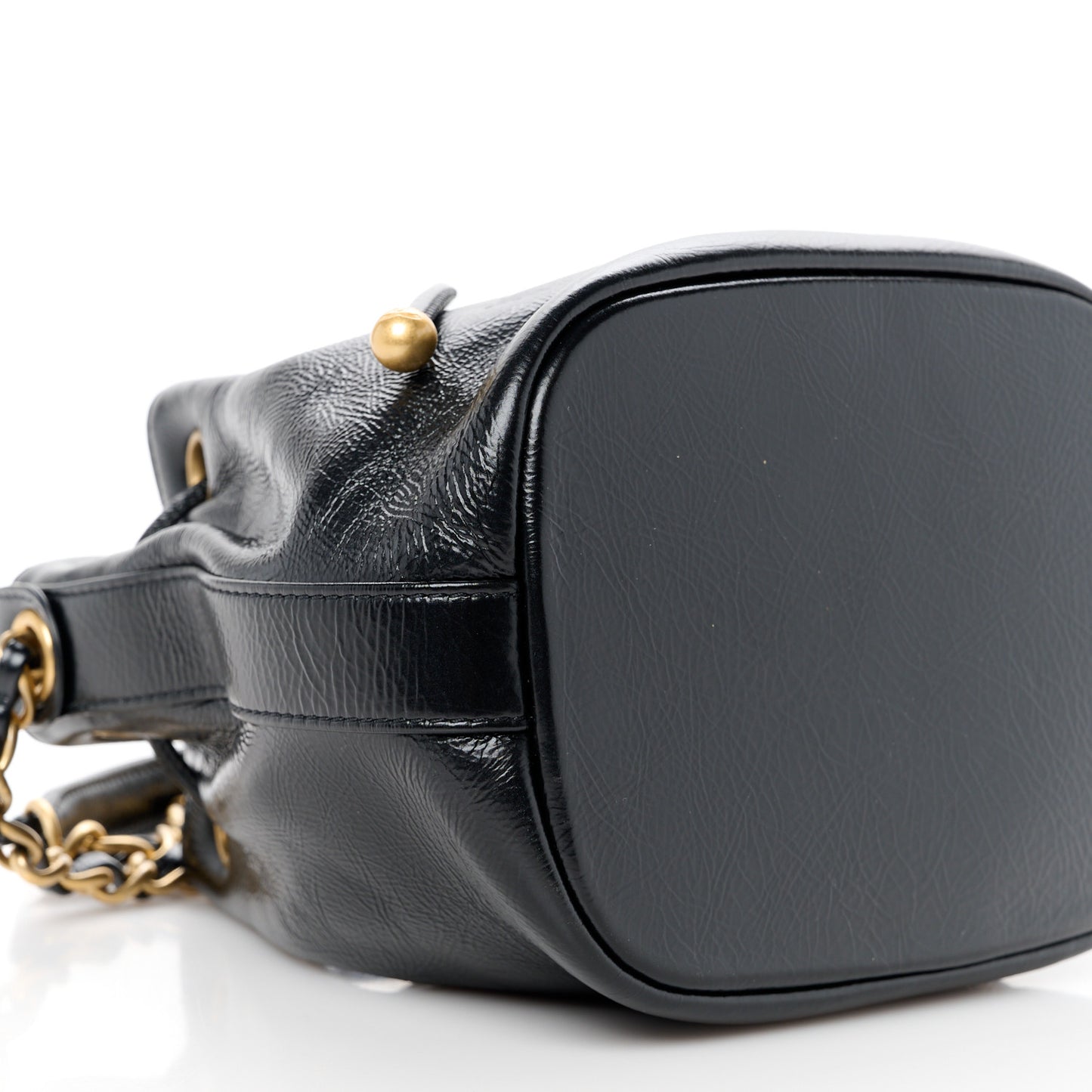 Shiny Aged Calfskin CC Chain Mini Drawstring Bag Black