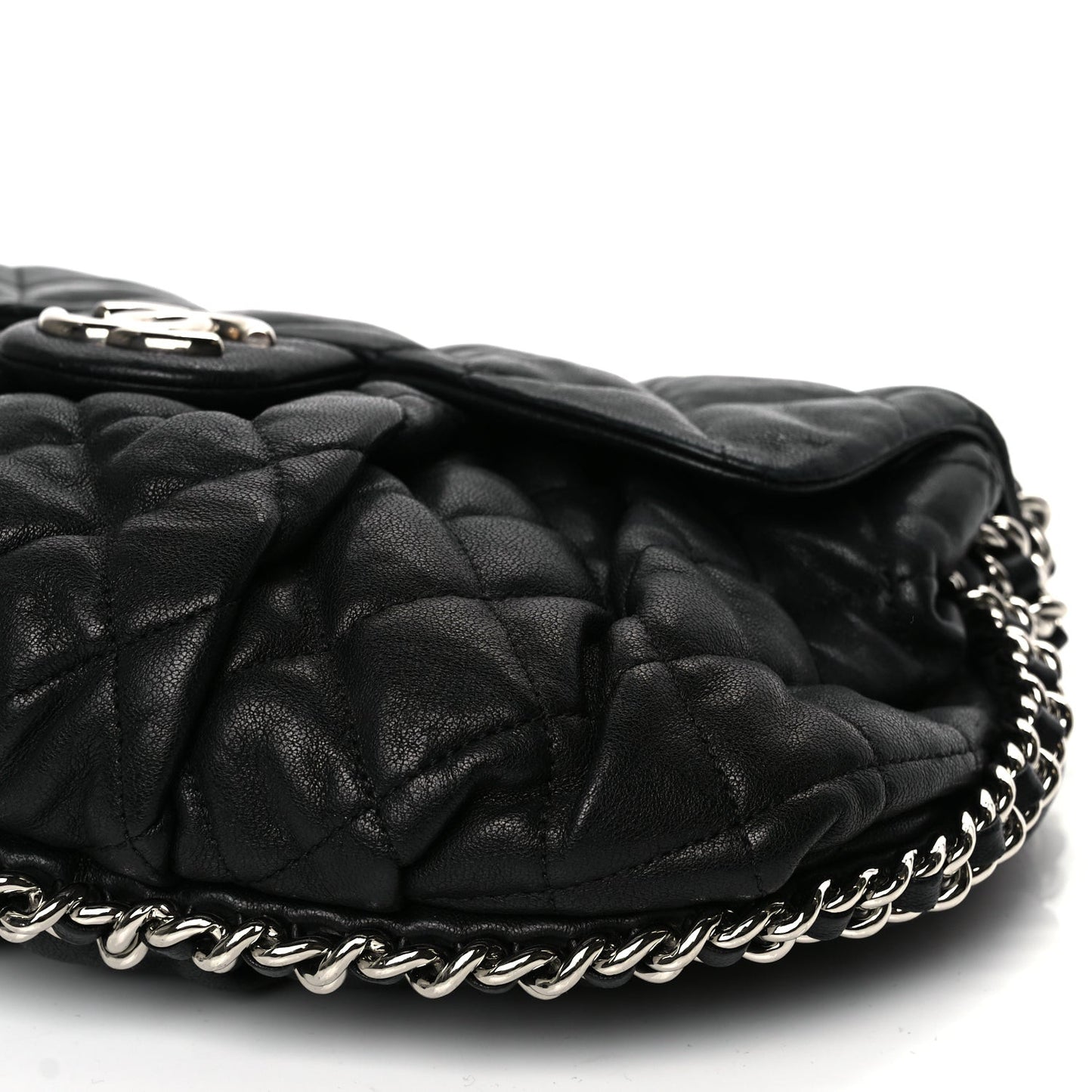 Washed Lambskin Quilted Medium Chain Around Messenger Black