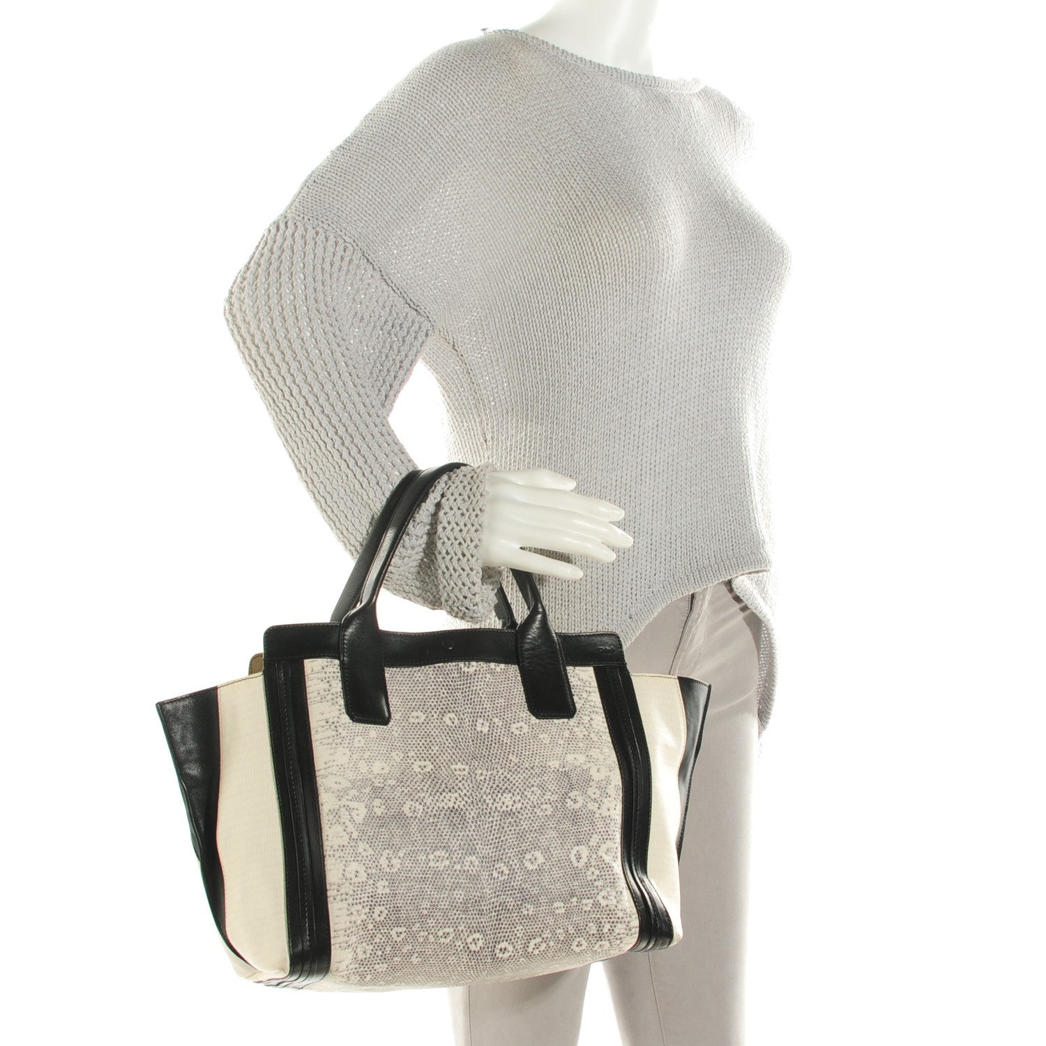 Chloe Grained Calfskin Lizard Embossed Mini Alison East West Tote Black White 2 of 8