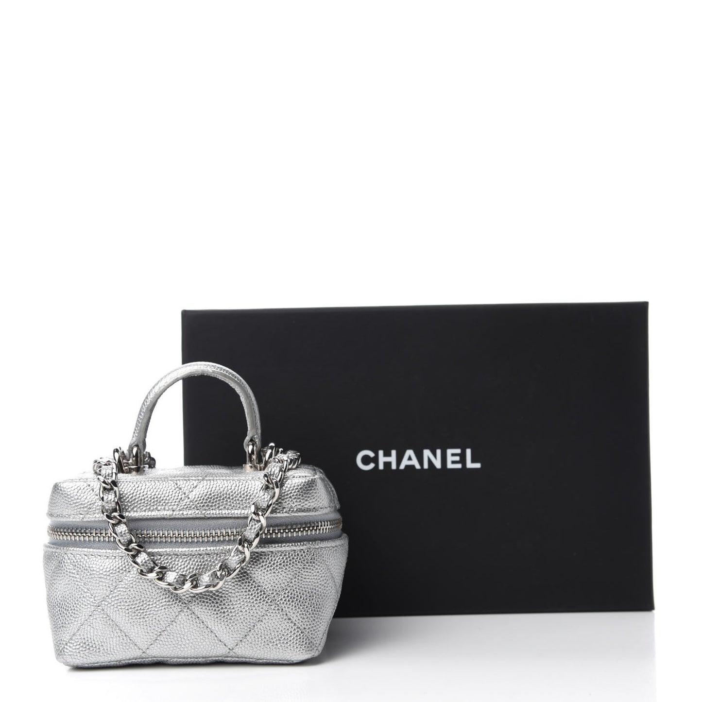 Metallic Caviar Quilted Mini Top Handle Vanity With Chain Silver