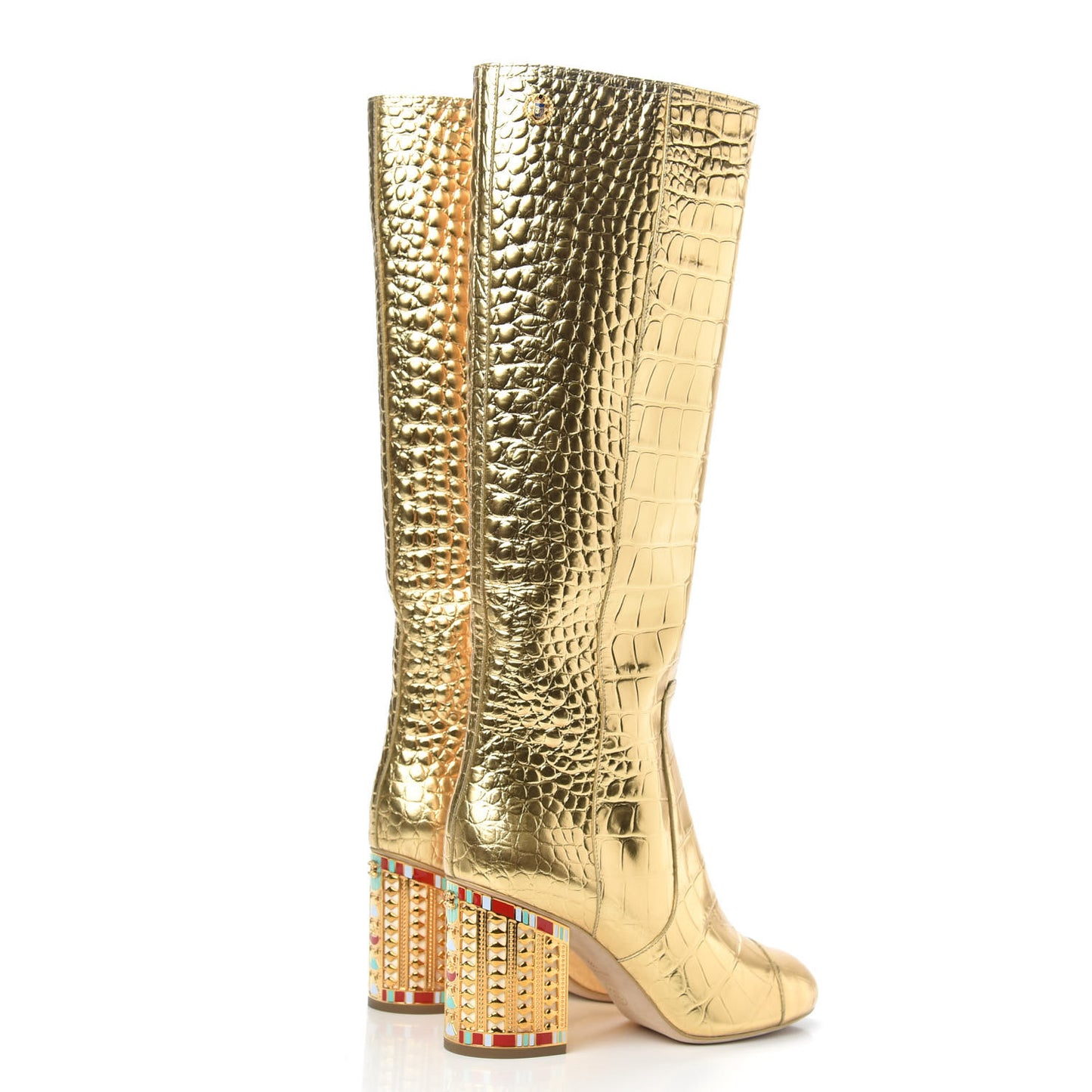 Calfskin Crocodile Embossed Cap Toe High Boots 38 Gold