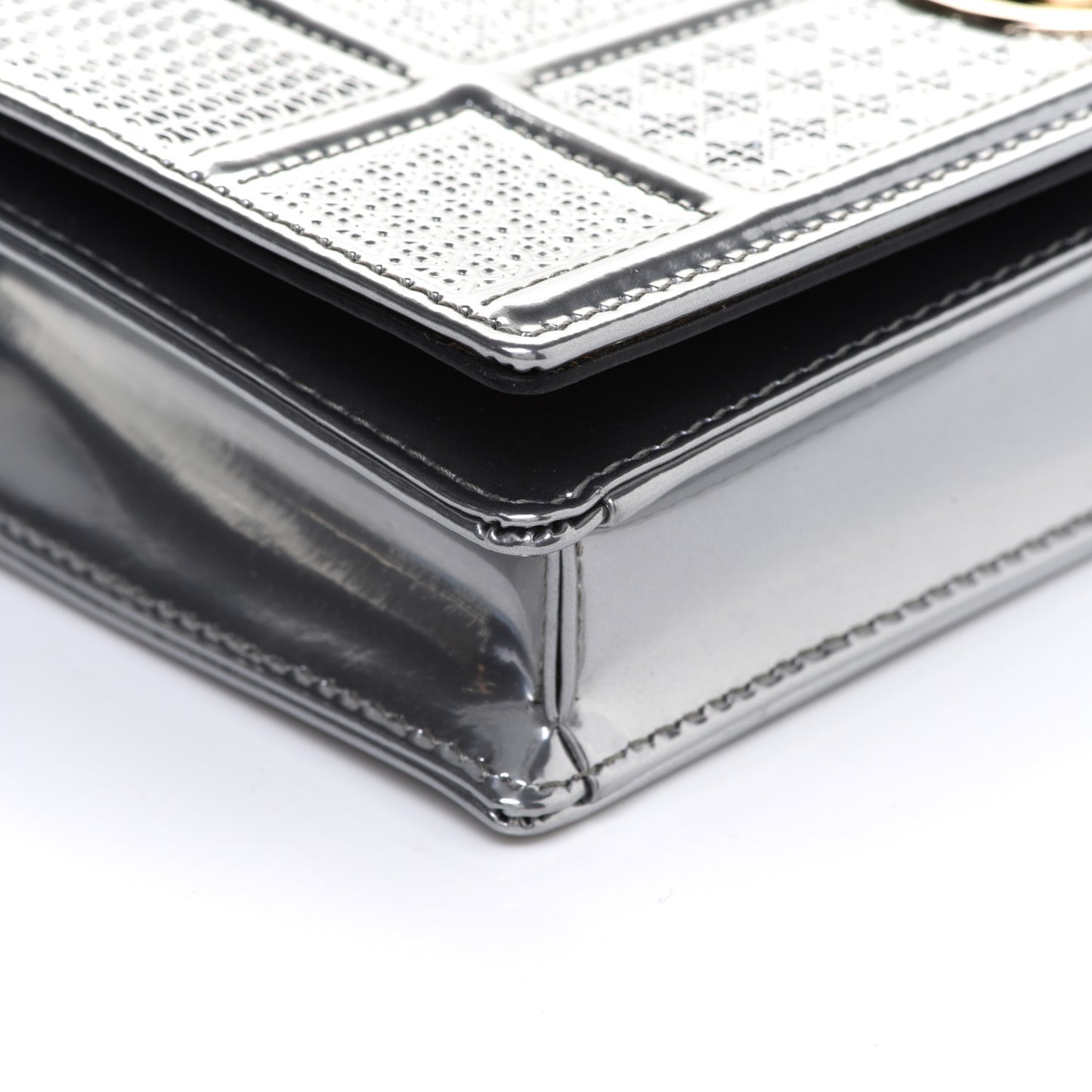 Metallic Patent Micro-Cannage Diorama Wallet on Chain Pouch Silver