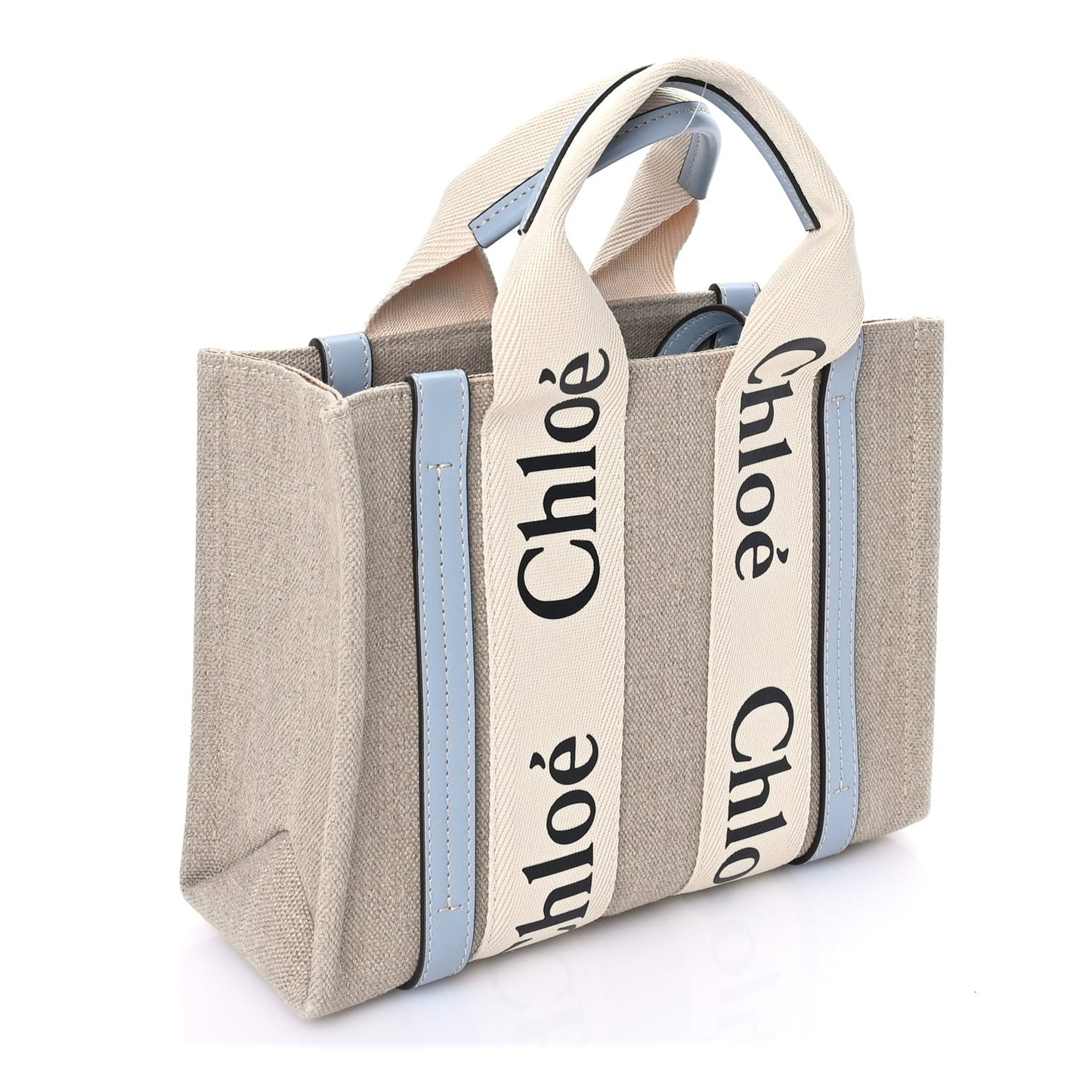 Cotton Calfskin Small Woody Ribbon Tote With Strap Light Blue