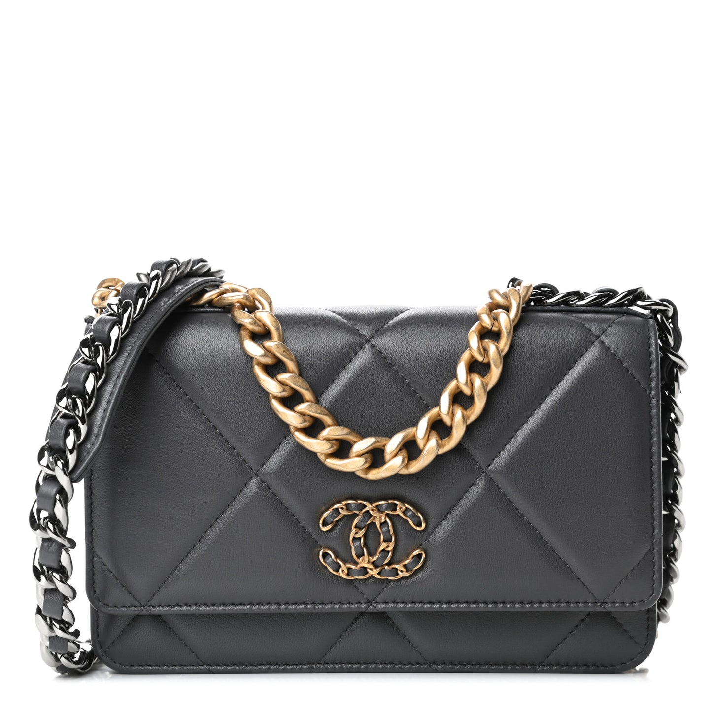 Lambskin Quilted Chanel 19 Wallet On Chain WOC Dark Grey