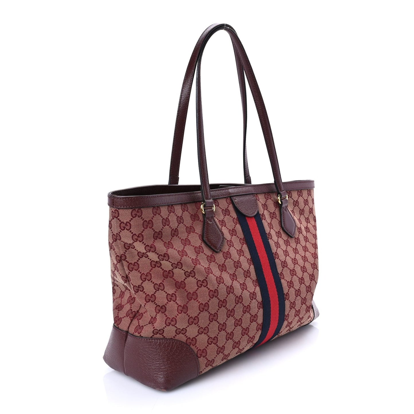 Monogram Textured Dollar Calfskin Web Medium Ophidia Shopping Tote  Sahara Rubino Chardonnay