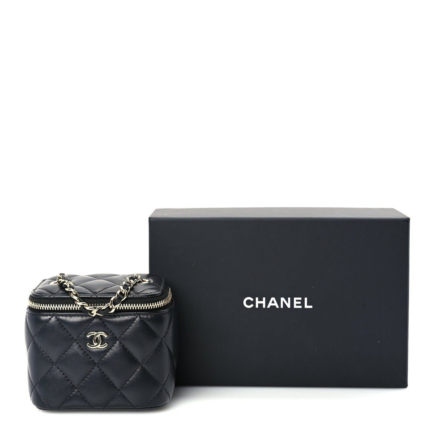 Lambskin Quilted Mini Vanity Case With Chain  Black