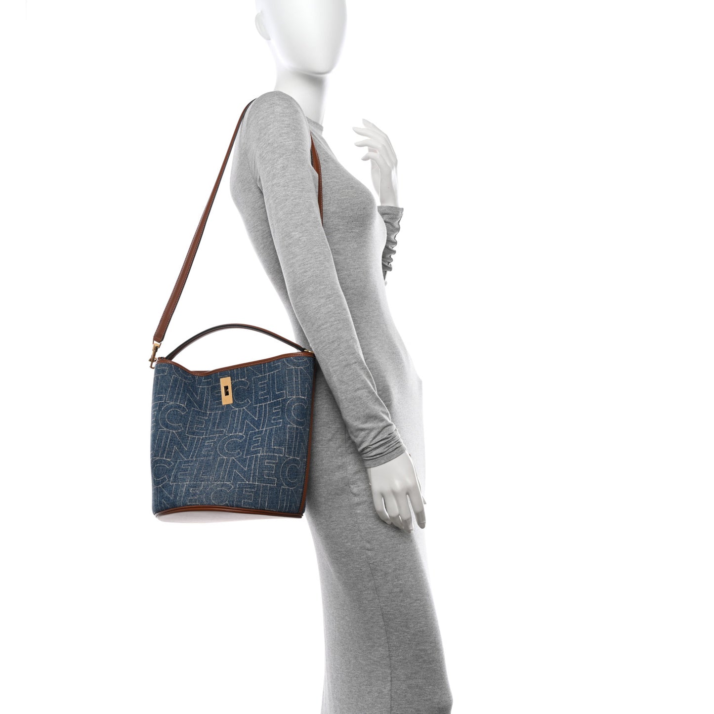 Denim Calfskin Logo Bucket 16 Bag Blue