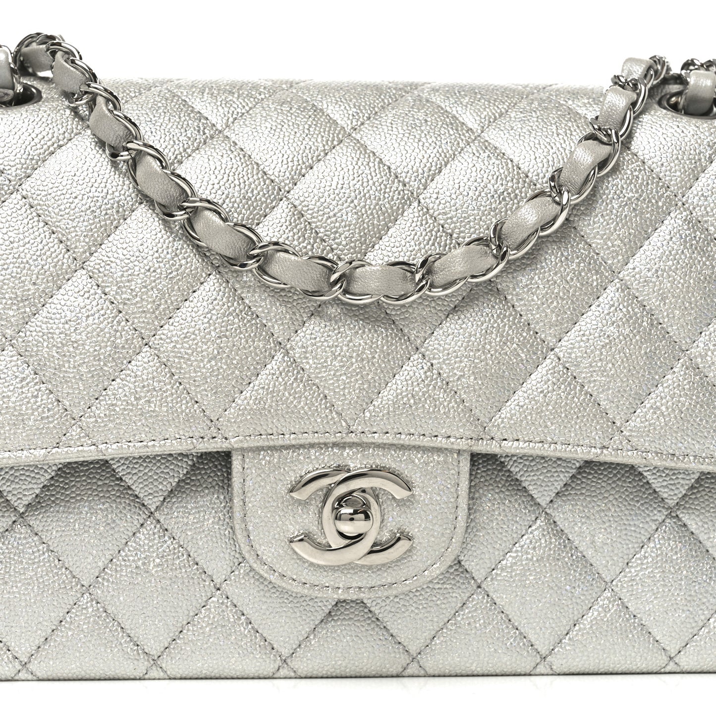 Glittered Metallic Caviar Quilted Medium Double Flap Silver