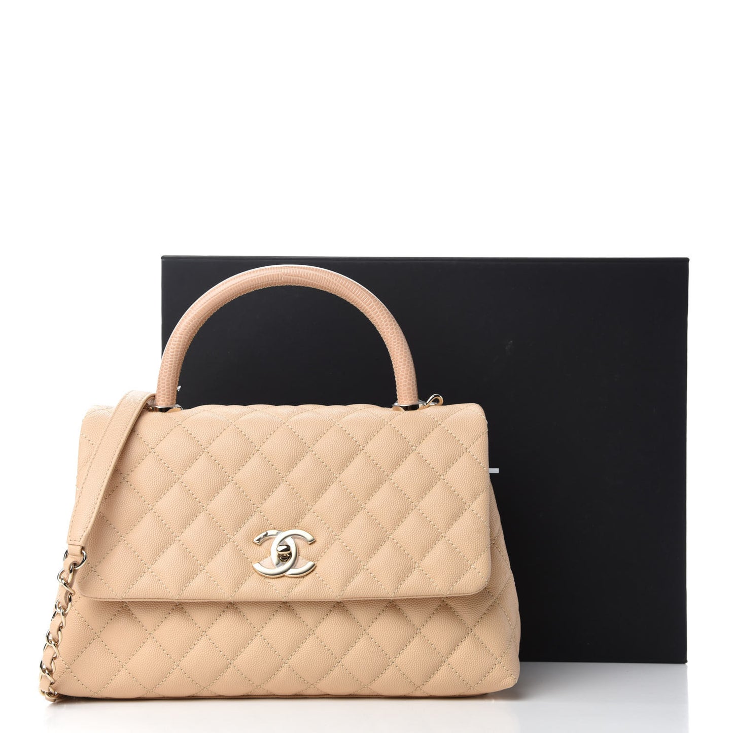 Caviar Lizard Embossed Quilted Small Coco Handle Flap Beige