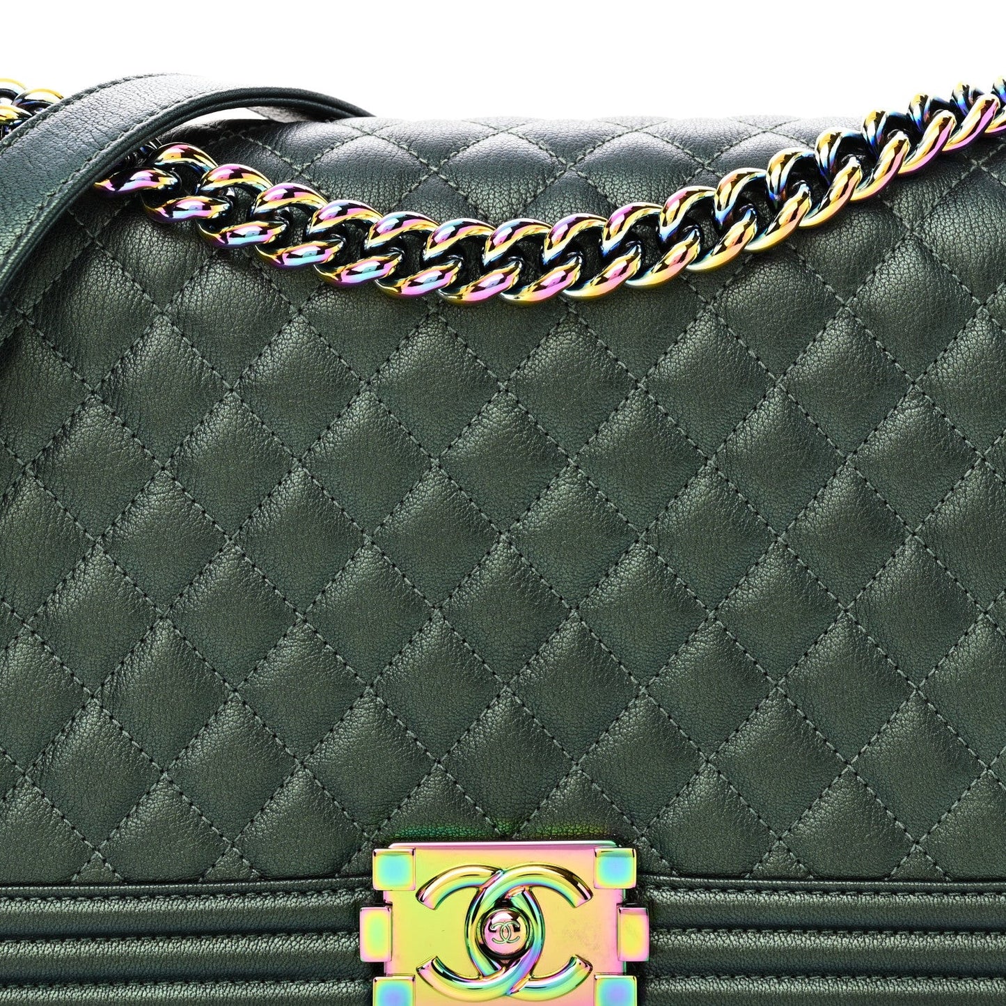 Iridescent Goatskin Quilted New Medium Boy Flap Green
