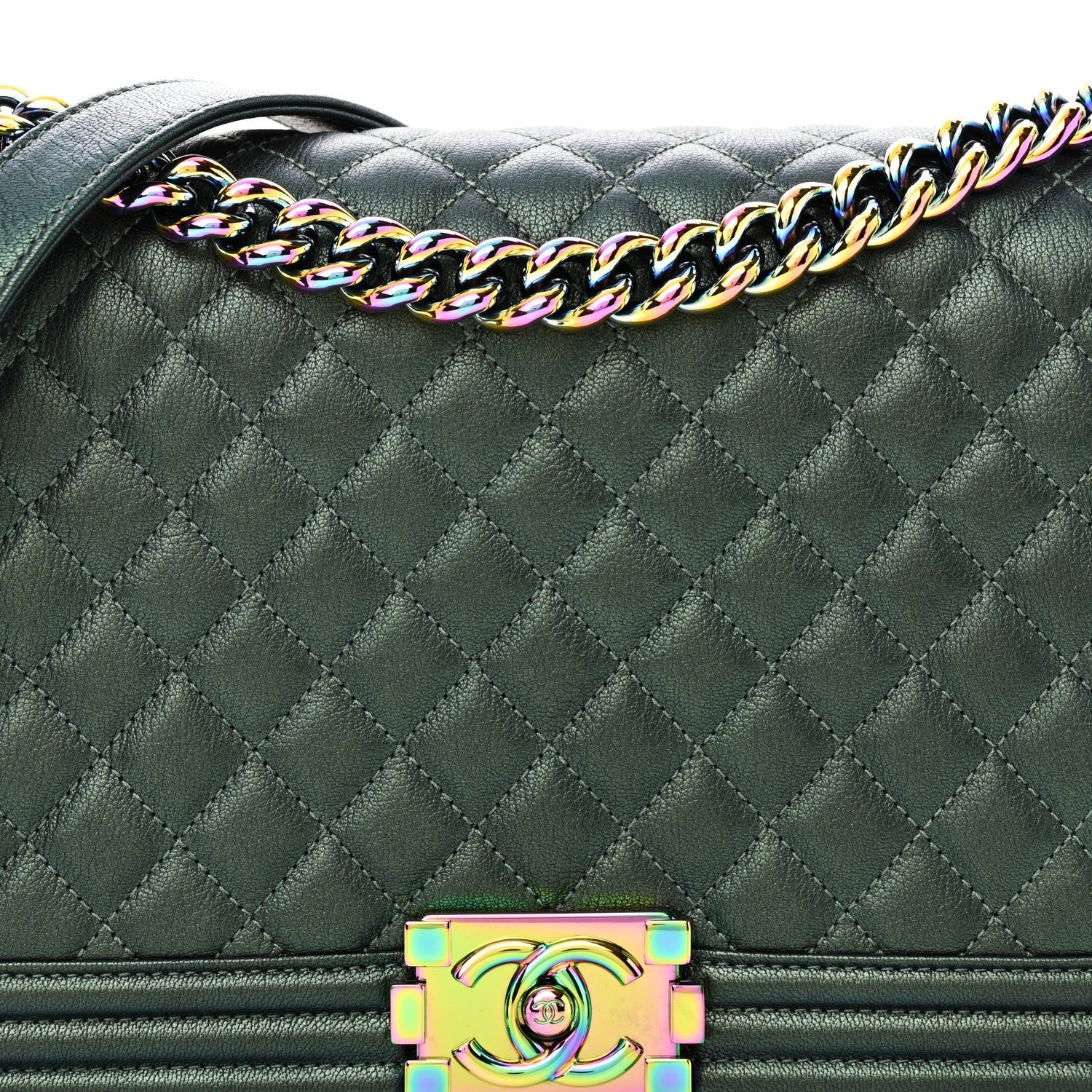 Chanel Iridescent Goatskin Quilted New Medium Boy Flap Green 7 of 7