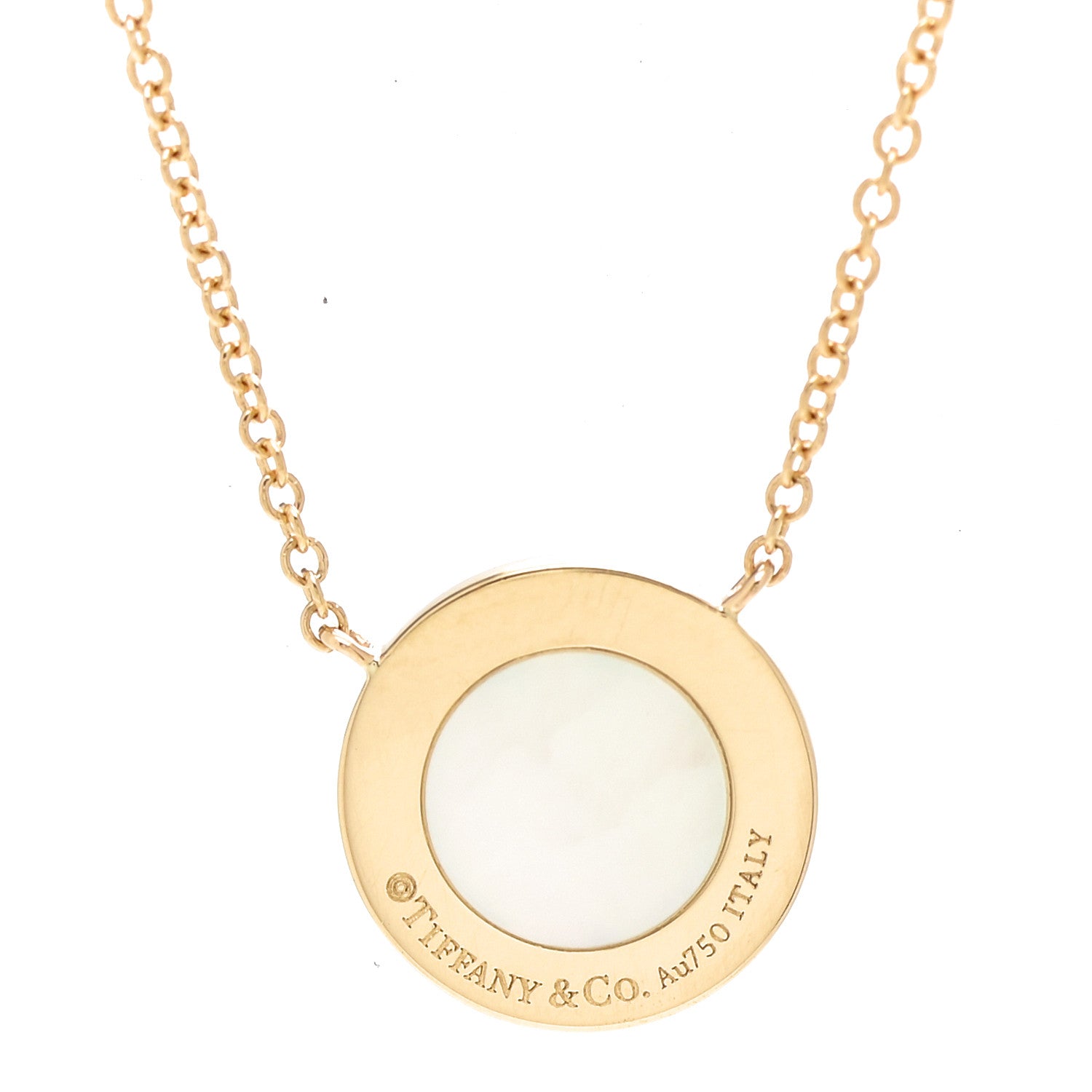 Tiffany 18K Yellow Gold Diamond Mother of Pearl Small T Circle Pendant Necklace 4 of 7