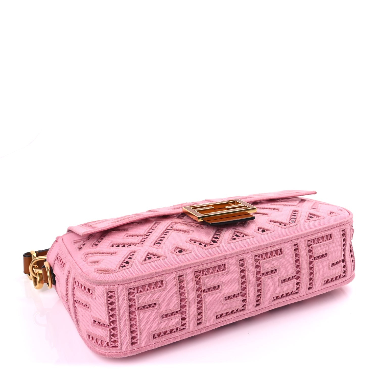 Fendi Canvas Cuoio Agata FF Ajour Embroidered Baguette Ciclamino Cuoio 3 of 8