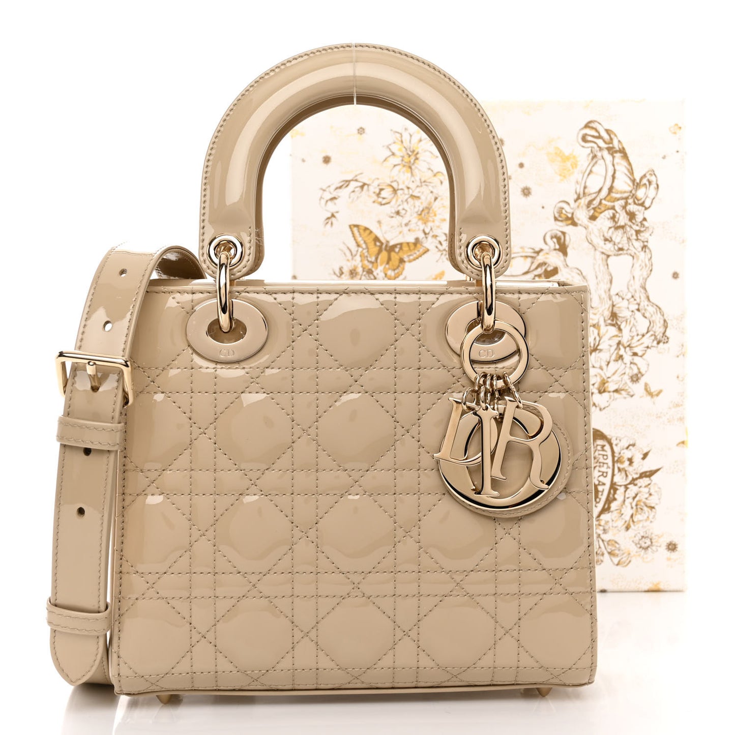 Patent Cannage Small Lady Dior Beige