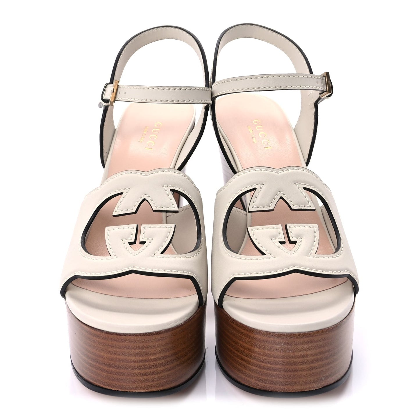 Cosmos Softy Calfskin Wooden Interlocking G Cut-Out 30/120mm Platform Sandals 37  Mystic White
