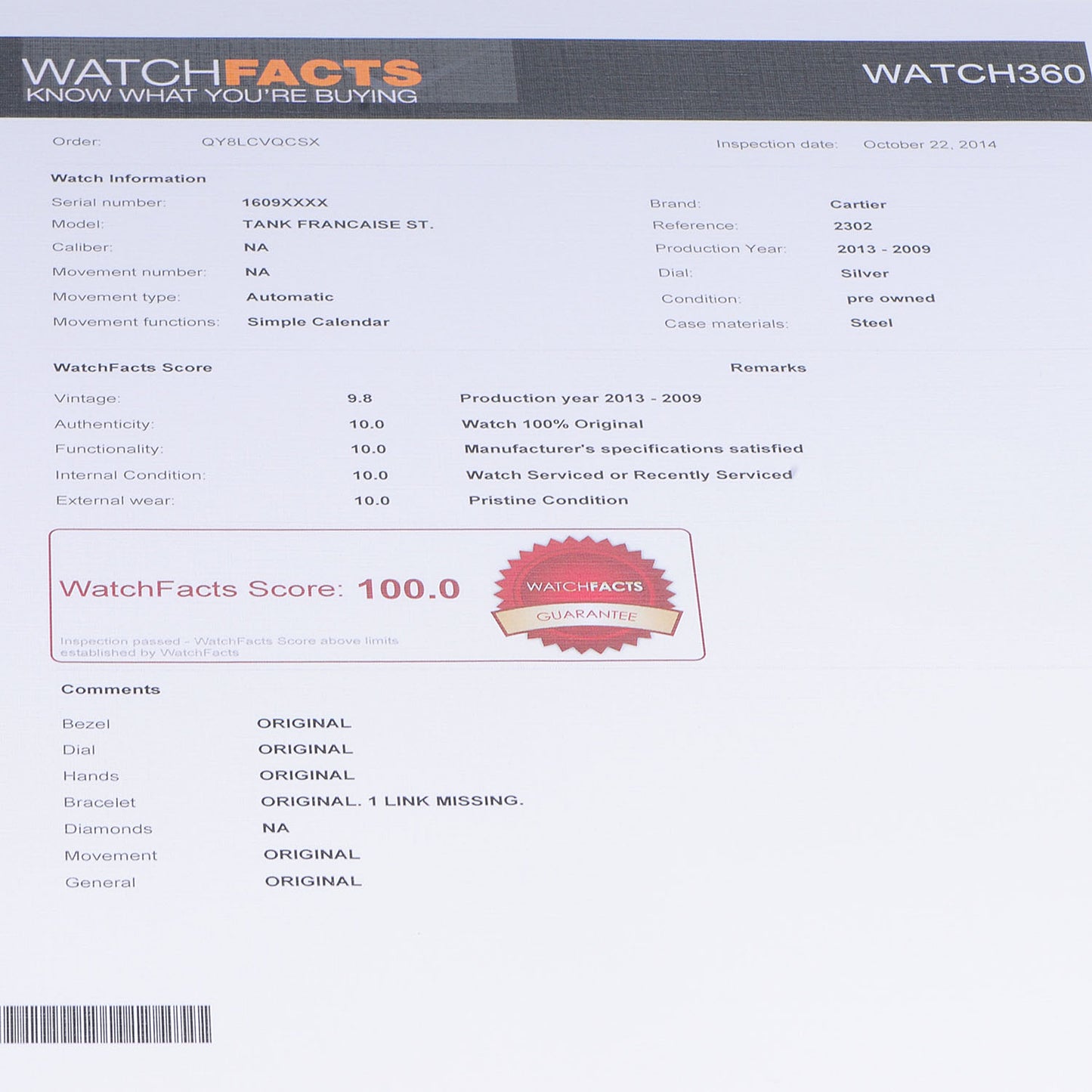 Stainless Steel 28mm Tank Francaise Automatic Watch