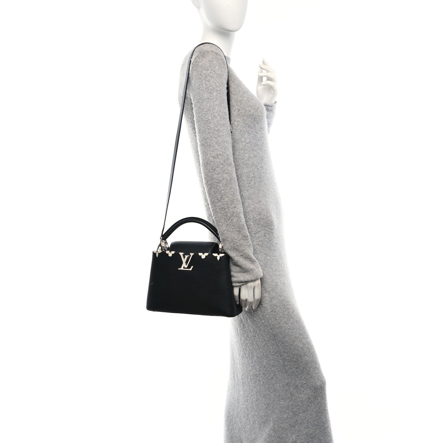 Louis Vuitton Smooth Calfskin Crystal Flowers Capucines BB Black 2 of 7