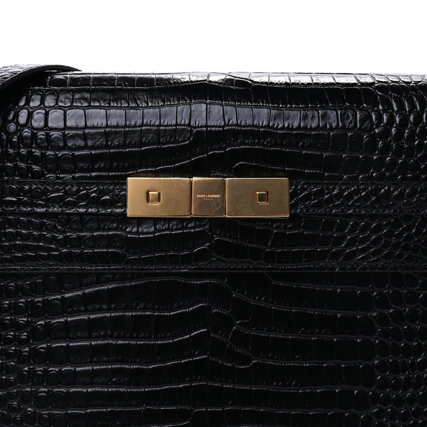 Shiny Calfskin Crocodile Embossed Manhattan Baguette Black Black