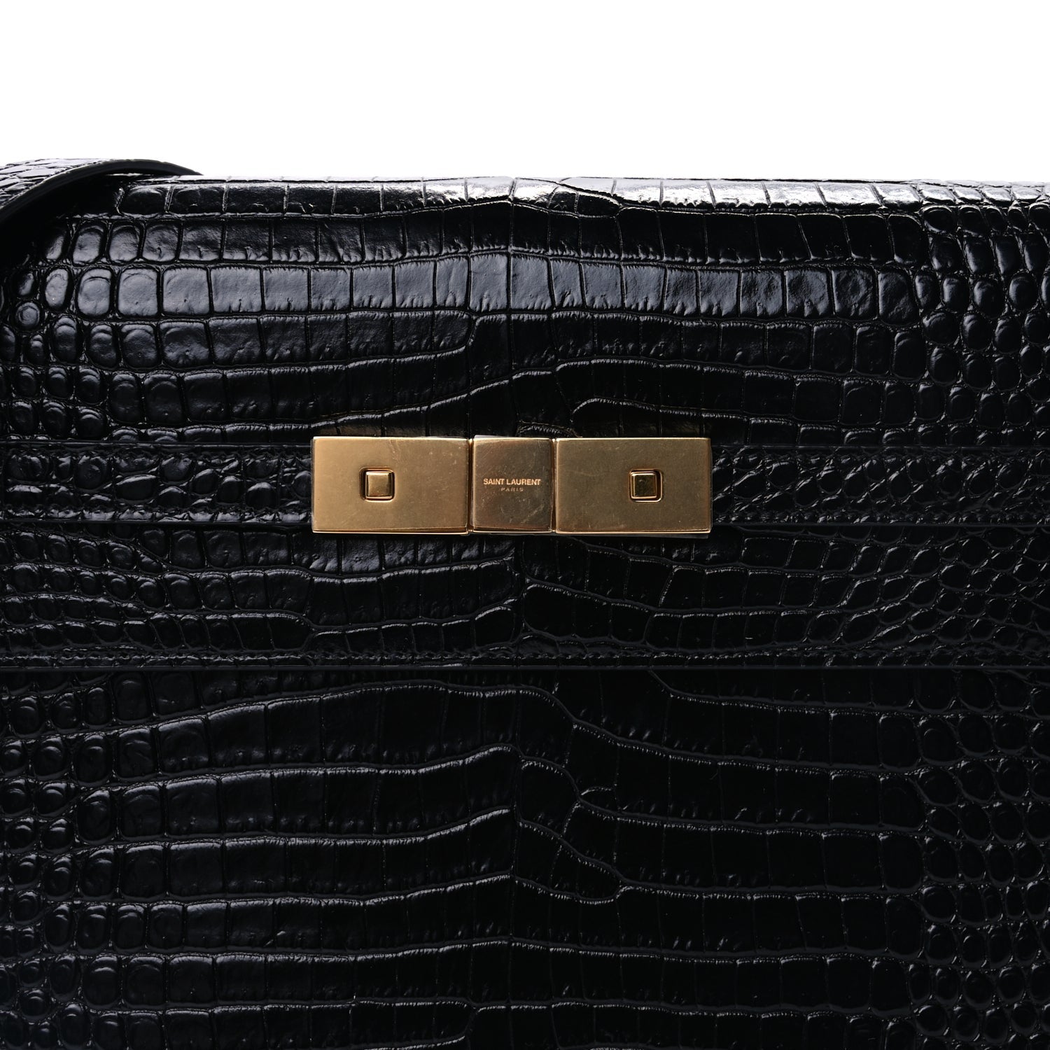 Saint Laurent Shiny Calfskin Crocodile Embossed Manhattan Baguette Black Black 6 of 7
