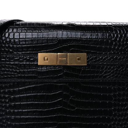 Saint Laurent Shiny Calfskin Crocodile Embossed Manhattan Baguette Black Black 6 of 7
